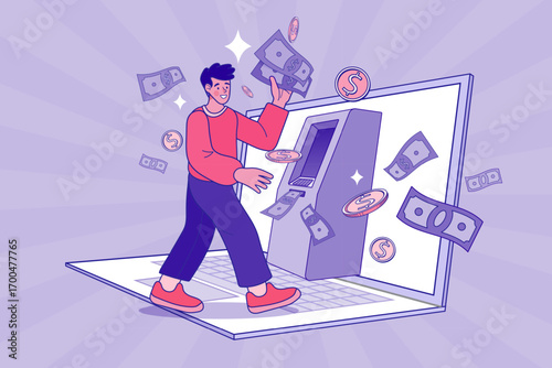 A man withdraws cash from an ATM inside a laptop. A concept of online banking, fintech, and making money online. Vector illustration for digital finance, e-commerce, and passive income. 