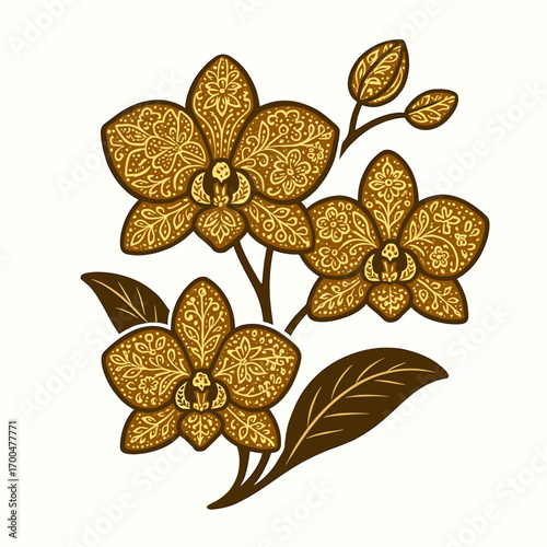 Ornate Golden Orchid Flowers - Decorative Floral Design Element