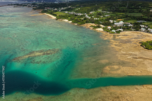 Nagahama Coastline at Low Tide in Yomitan Village, Okinawa, Japan – Aerial Photography