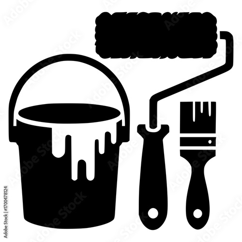 Paint, bucket and roller depicting paint equipment illustration image vector