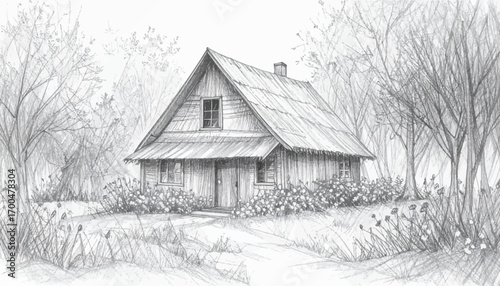 Simple countryside home with pencil art. Hand-drawn house in rural landscape. Pencil sketch rustic countryside home. Country home sketch with beautiful garden. Peaceful rural house pencil art drawing