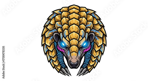 Vibrant illustration of a pangolin head mascot with blue eyes and pink accents on a white background, showcasing colorful scales and sharp claws in a graphic design.