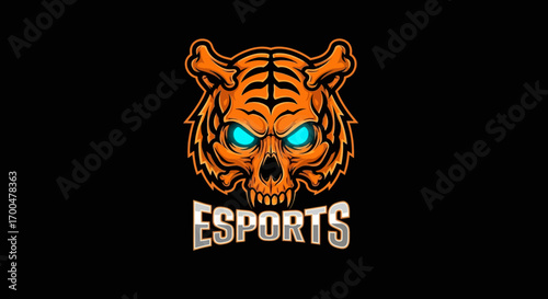 A close-up shot of an orange tiger head mascot with glowing blue eyes and the word 'ESPORTS' in a bold, metallic font against a solid black background with a dark and edgy mood.