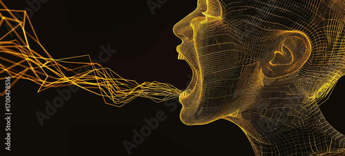 The image is a glowing wireframe of a woman's face