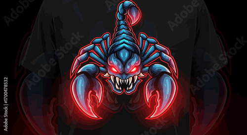 A person wearing a black t-shirt with a vibrant, glowing red and blue scorpion head mascot design on the chest, set against a dark background.