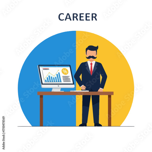 Illustration of man in suit standing at desk with computer showing growth chart