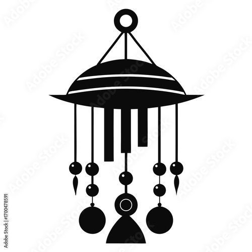 Stylized Black Silhouette of a Wind Chime Mobile Hanging Decoration with Spheres and Rectangles