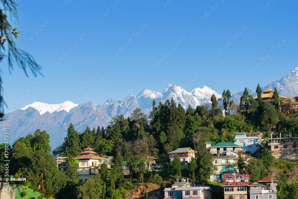 Naklejka premium Beautiful view of Himalayan mountains at Ravangla, Sikkim. Himalaya is the great mountain range in Asia with more than 50 peaks , mostly highest, including mount Everest the highest in the world.