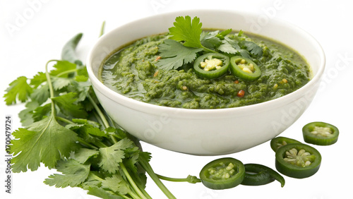 Healthy Homemade Spicy Green Zhong Sauce with Cilantro and Jalapeno in a transparent background