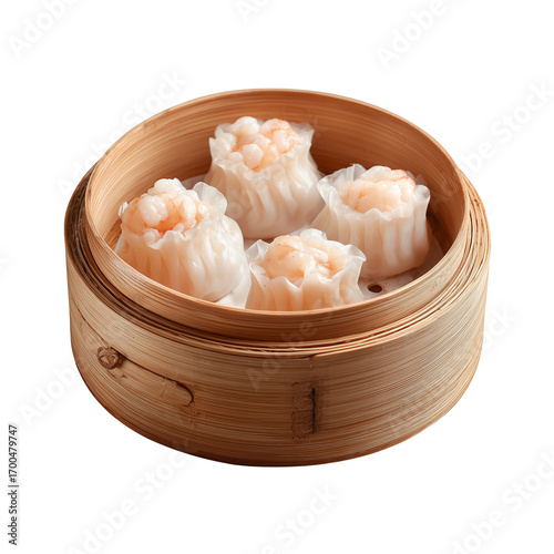 Shrimp dumpling in bamboo steamer, har gow, hong kong style dim sum, chinese steamed shrimp dumplings, Chinese food, isolated on white transparent background, menu photography, food photography