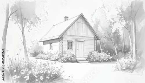 Minimalistic countryside cottage with garden. Simple rural house surrounded by blooming flowers. Small, cozy house in a peaceful garden setting. Serene cottage with a lush, flower-filled garden