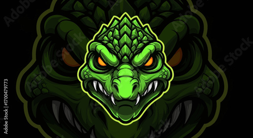 A green dragon head mascot with orange eyes and sharp teeth outlined in yellow against a black background.