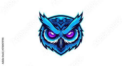 Vibrant blue owl head mascot with purple eyes on a clean white background, showcasing a digital illustration with bold lines and bright colors.