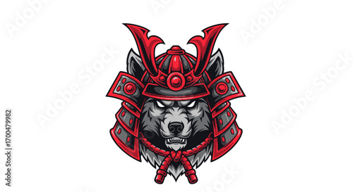 Angry wolf head wearing a samurai helmet, a graphic design.