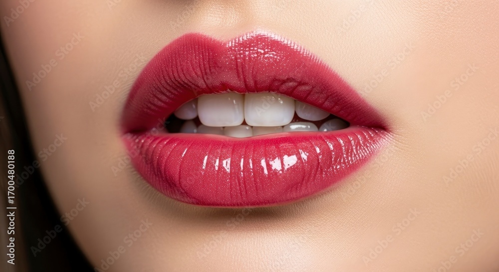 Obraz premium Close-up of glossy red lips with a perfect white smile, showcasing beauty and allure.