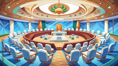 Magnificent 360 panorama of a conference hall, centered on a large curved wood table, white leather chairs, soft carpeting, and decorative wall panels, embodying professionalism, prestige, and comfort