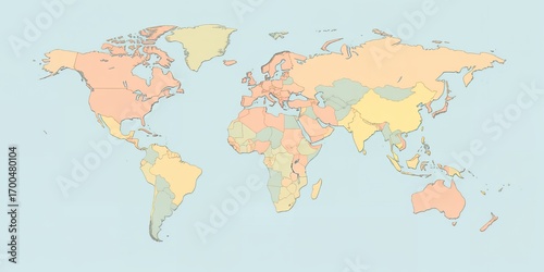 Colorful political world map with borders and country labels across continents