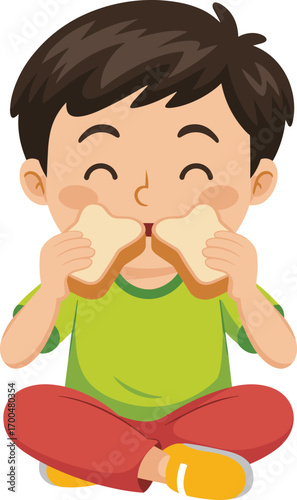 Happy cartoon boy eating two slices of bread, smiling child sitting cross-legged, enjoying snack time, kids healthy food, fun meal