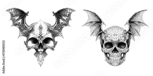 Gothic skulls with bat wings in halftone engraving style, dark horror fantasy illustration with vintage tattoo design, scary occult symbol for Halloween and gothic art projects
