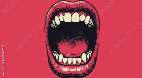Stylized open mouth with teeth illustration on a pink background for graphic design