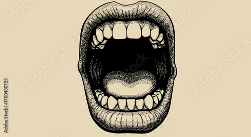 Detailed black and white illustration of an open mouth with visible teeth