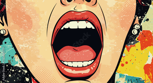 Pop art style illustration of a screaming mouth with halftone details