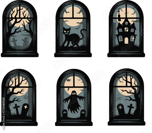 Set of six spooky arched window illustrations with various Halloween night scenes including a ghost, black cat, and haunted house