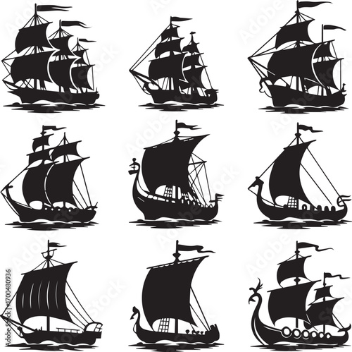 Collection of Silhouetted Ancient Sailing Ships and Vessels from Various Historical Eras Floating on Water