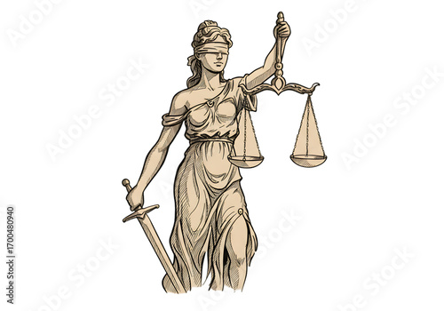 Illustration Of Themis The Goddess Of Justice Holding Sword And Scales Isolated Black Background