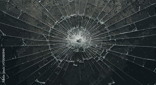 Detailed Close-Up of a Cracked Glass Surface with Radial Fracture Pattern