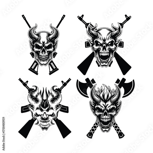 Menacing Skull Illustrations: A striking collection of stylized skull illustrations, each imbued with a sense of danger and ferocity, crossed by lethal weapons to evoke both shock and awe.