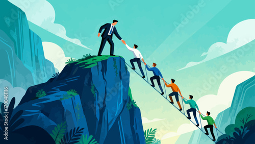 Business people climb to the top of the mountain, while leaders help teams climb over the cliff to reach their goals. The business philosophy is about leadership and teamwork