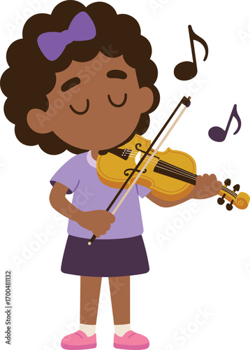 Happy cartoon girl playing violin, young child musician with purple bow, kids music education, joyful girl with musical notes, violinist kid