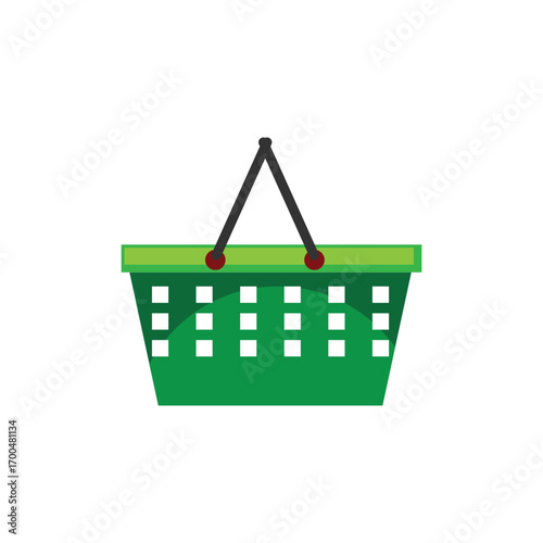 Green shopping basket icon with black handles. Ideal for retail, e-commerce, supermarket, online store, grocery, and shopping-related designs for commercial use in marketing and advertising projects.