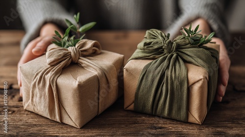 Eco-friendly gift wrapping with natural fabric and green leaves, showcasing sustainable and minimalist present packaging on rustic wooden surface