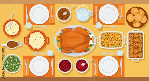 Top-down flat illustration of a traditional Thanksgiving dinner table spread
