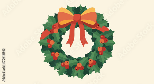 Festive Christmas Holly Wreath with Red Berries and Orange Bow Illustration