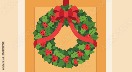 Vibrant Flat Design Christmas Wreath with Red Bow and Berries on Door
