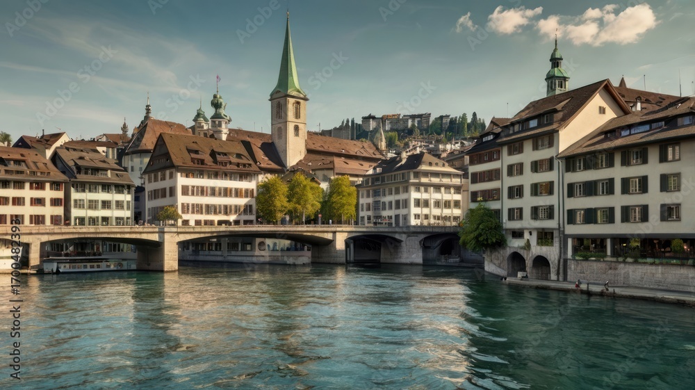 Fototapeta premium Sunlit Zurich Old Town with Wasserkirche Spire Over the Emerald Limmat River