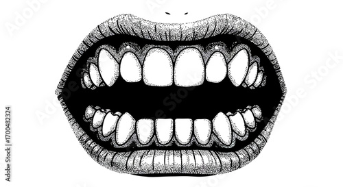 Intricate stipple art illustration depicting wide open mouth with teeth