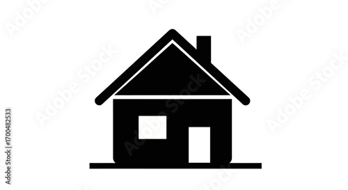 Simple Black House Icon with Chimney and Window on White Background