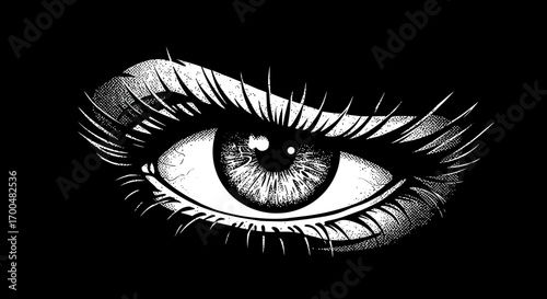 Detailed engraving of a female eye with lashes on a contrasting black background