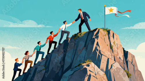 Business people climb to the top of the mountain, while leaders help teams climb over the cliff to reach their goals. The business philosophy is about leadership and teamwork