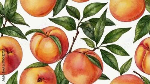 Sun-Ripened Peaches and Emerald Leaves: A Detailed Botanical Watercolor Study