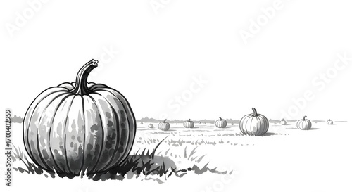 A solitary pumpkin sits in a field, others receding into the distance. A grayscale illustration evokes autumnal tranquility and harvest bounty. The simple scene is serene and peaceful.