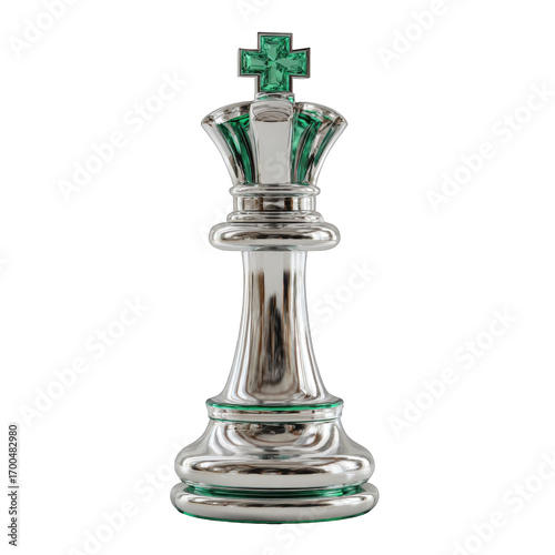 A gleaming silver chess king piece with green accents, isolated on transparent background