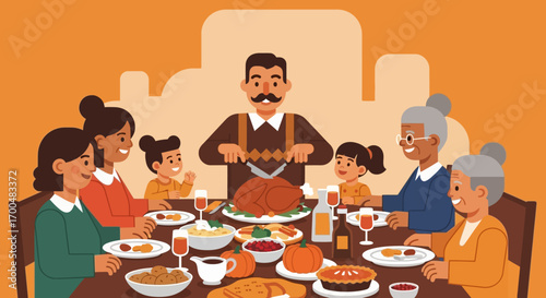 Festive Multi-Generational Family Dinner Father Carving Turkey Flat Style