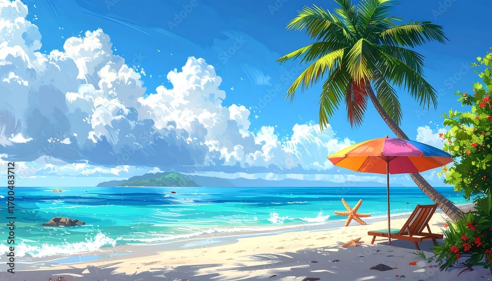 Naklejka premium A vibrant tropical beach scene, showcasing a colorful umbrella, palm tree, and serene ocean.