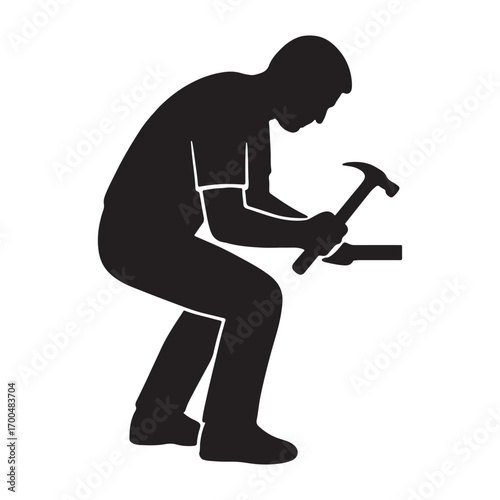Vector art of silhouette of a carpenter hammering a nail