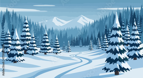 Stylized Winter Forest: Snow-Covered Pines Winding Path Distant Mountains